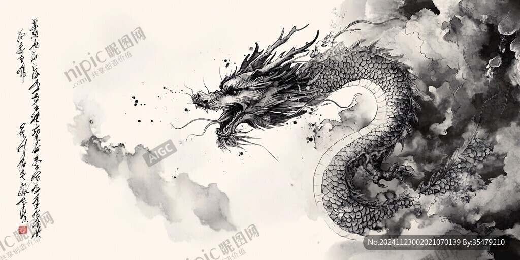 水墨画蛟龙水蛇