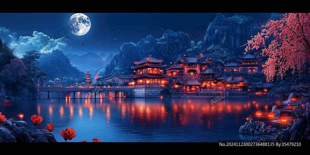 玄幻古镇夜景