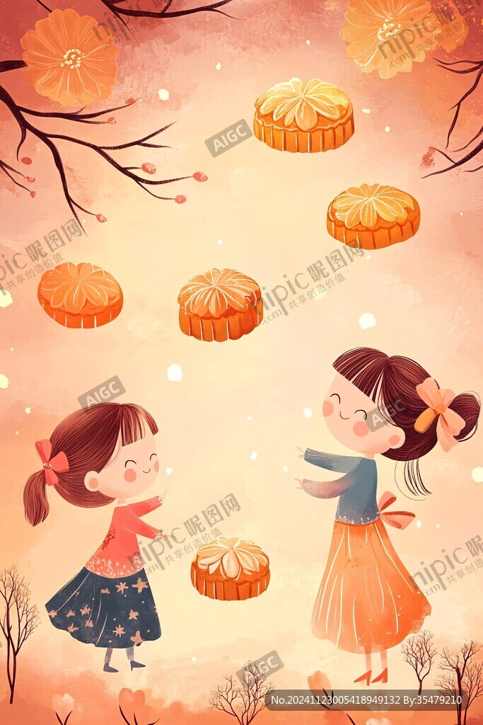 吃月饼的小女孩插画