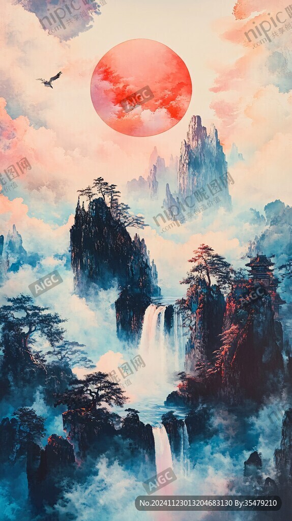 红日水墨山水