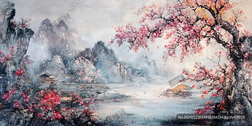 桃花风景油画
