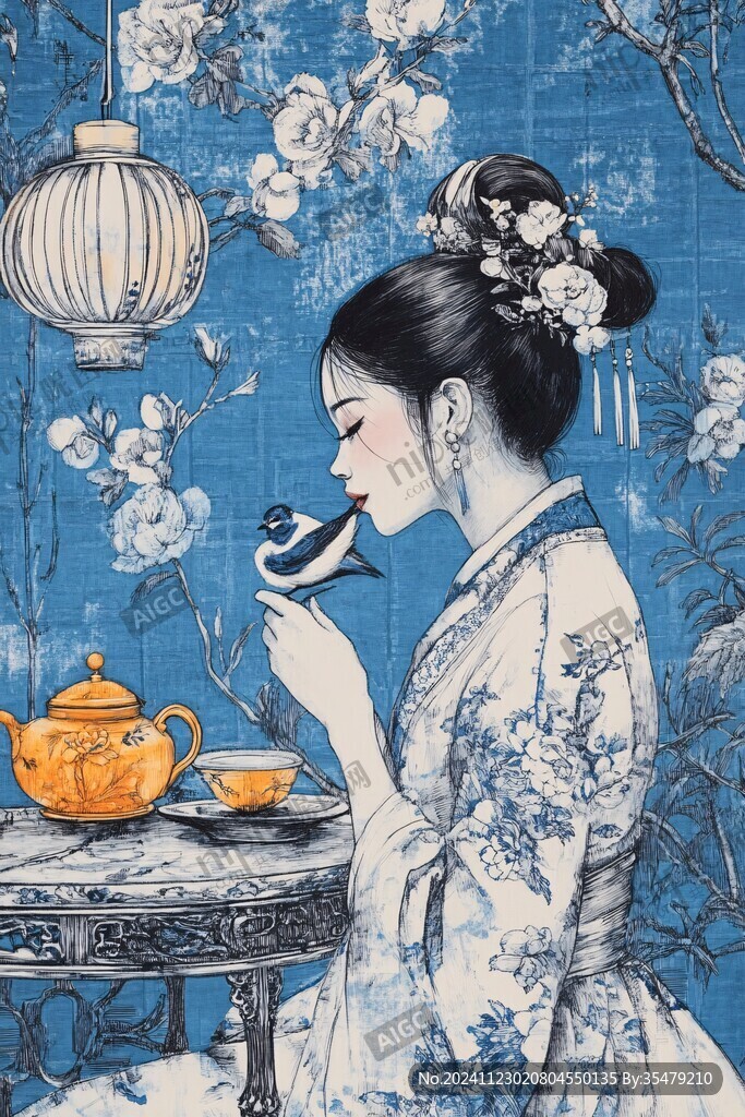 旗袍美人喝茶插画