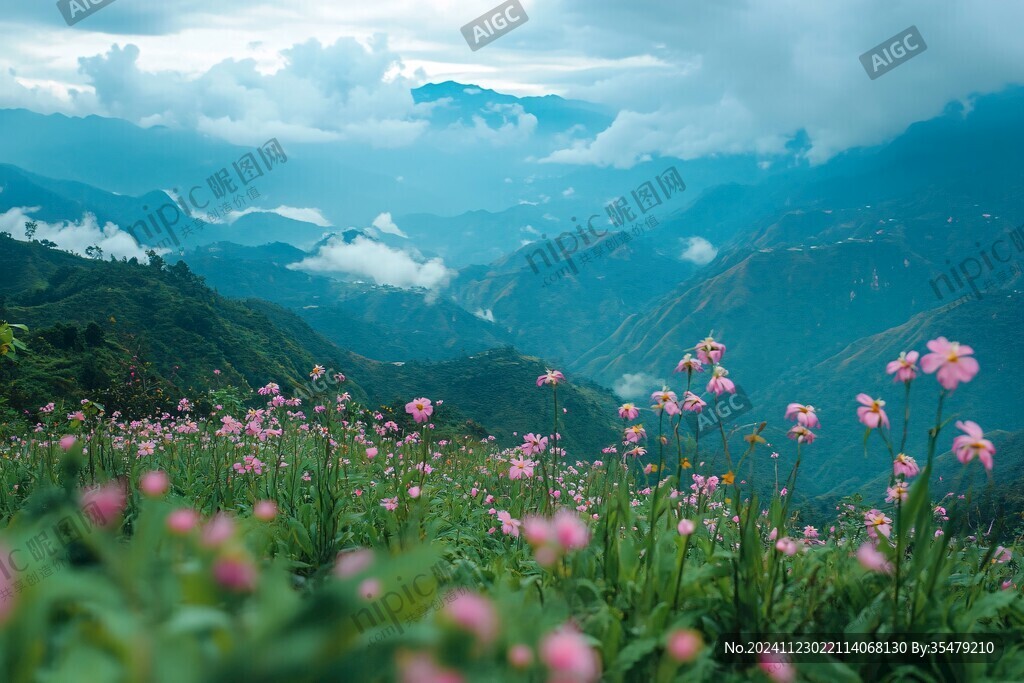 花海远山云雾