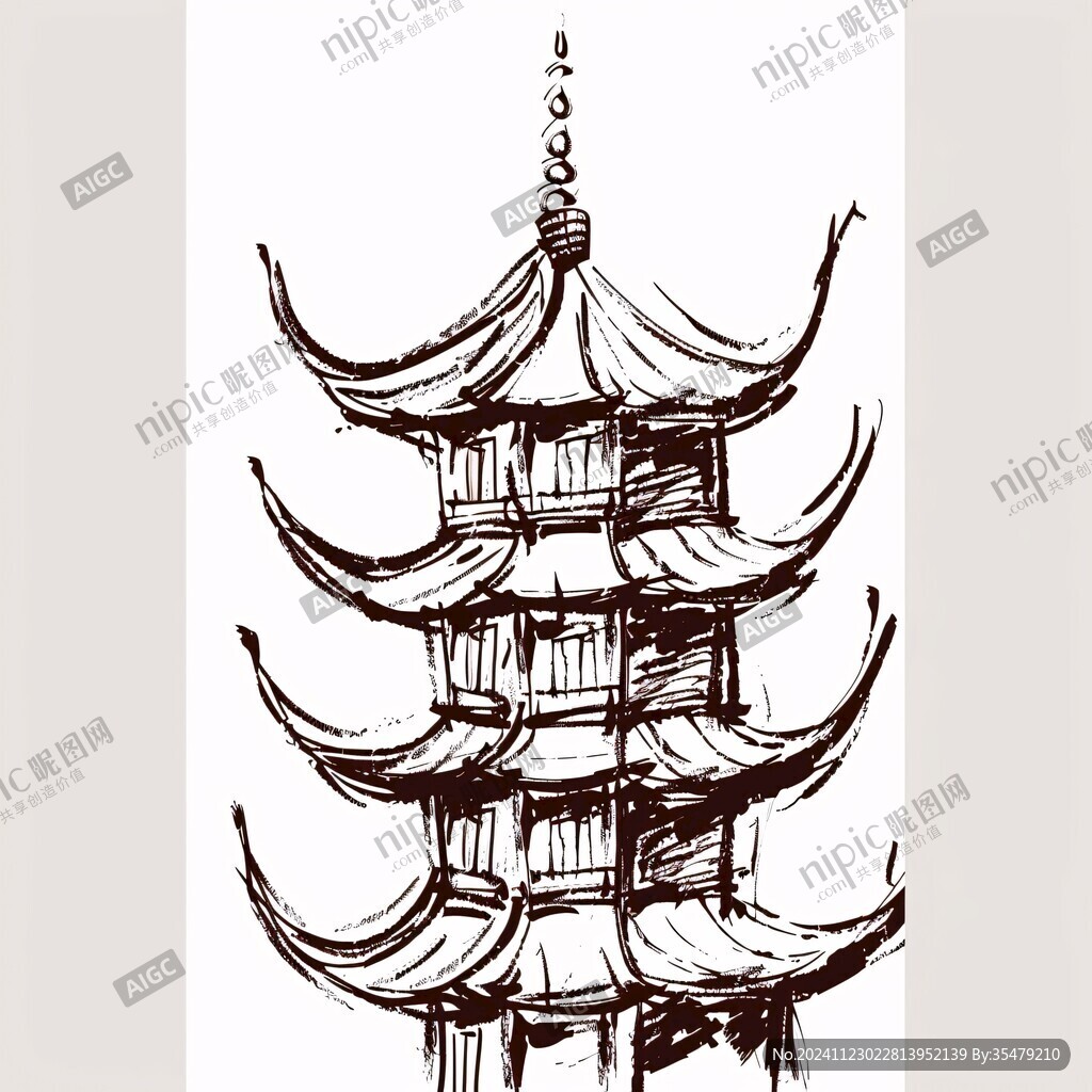 手绘雷峰塔插画文件