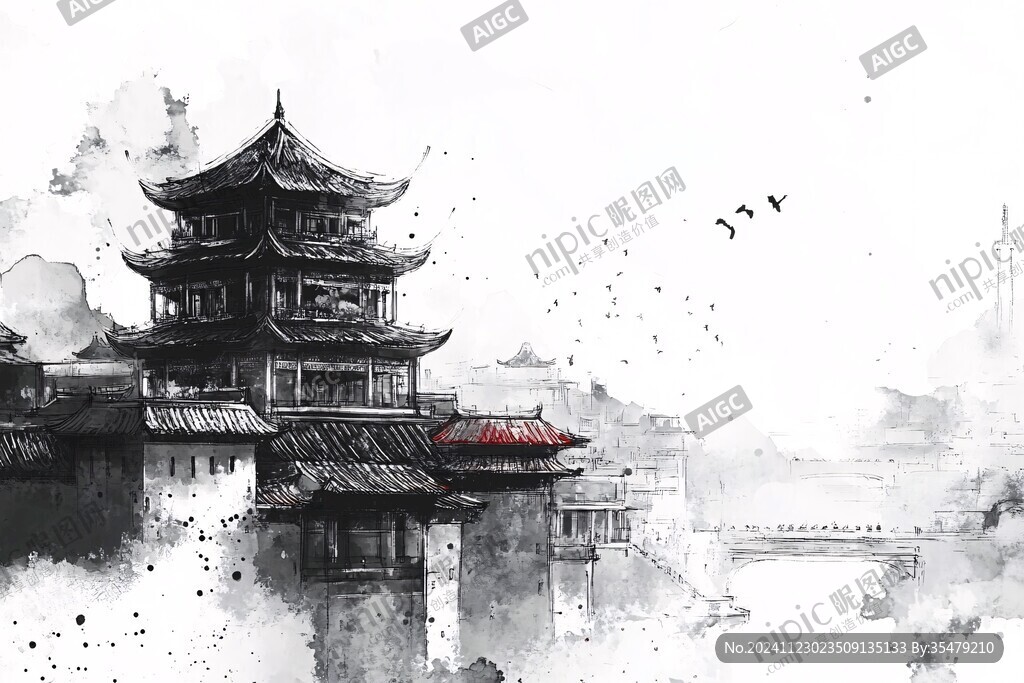 古楼水墨画