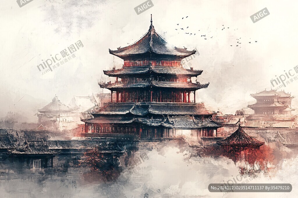 水彩朱雀楼