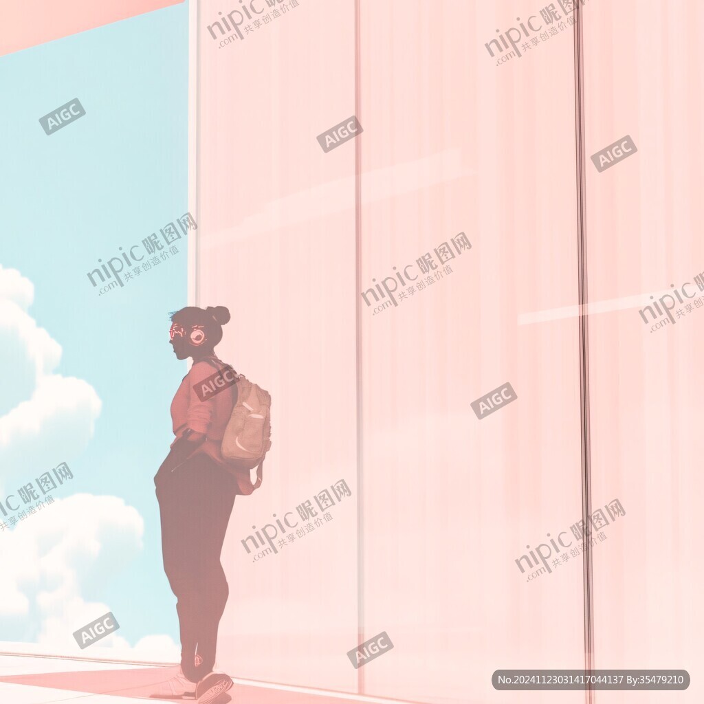 女学生夕阳下插画