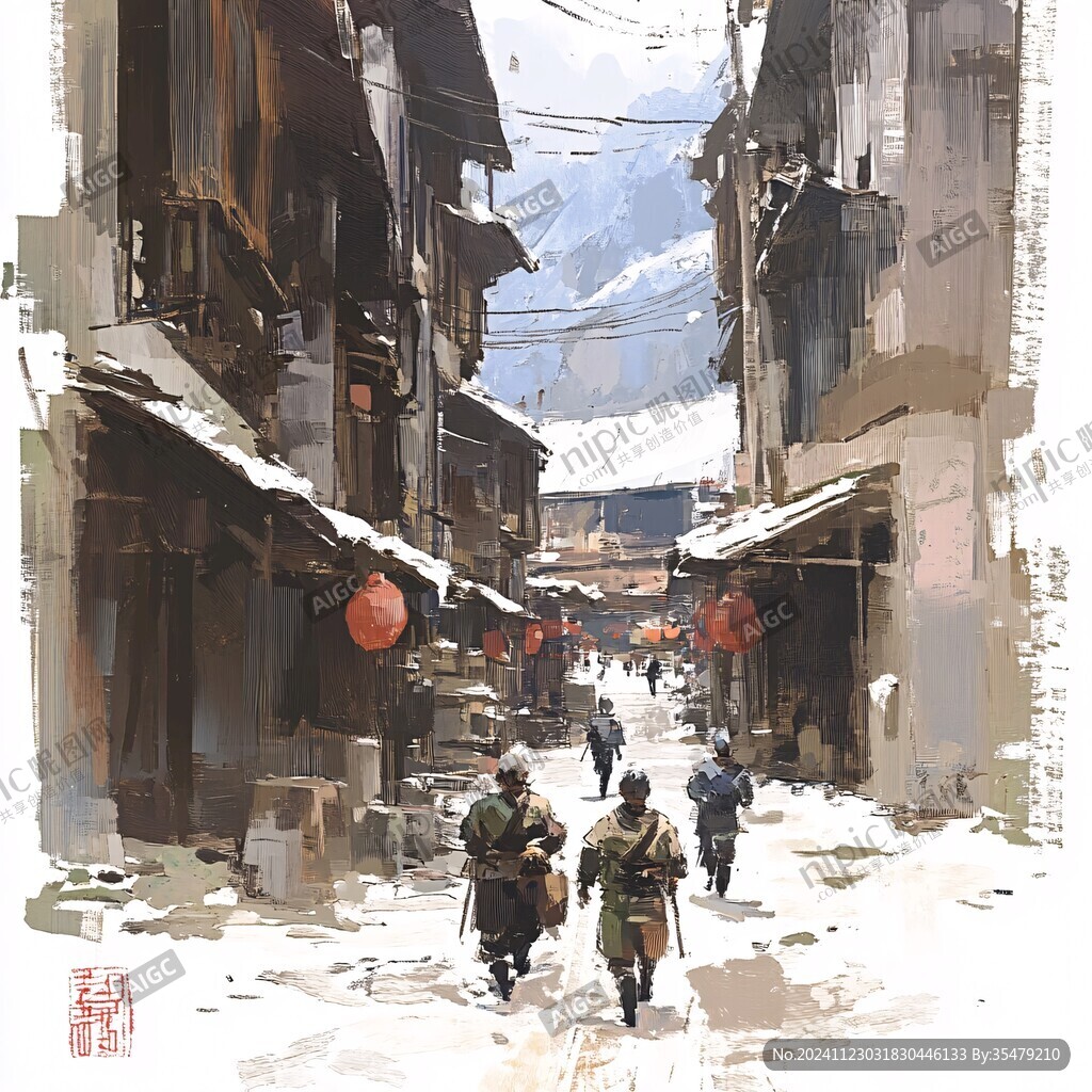 水粉画古街巷