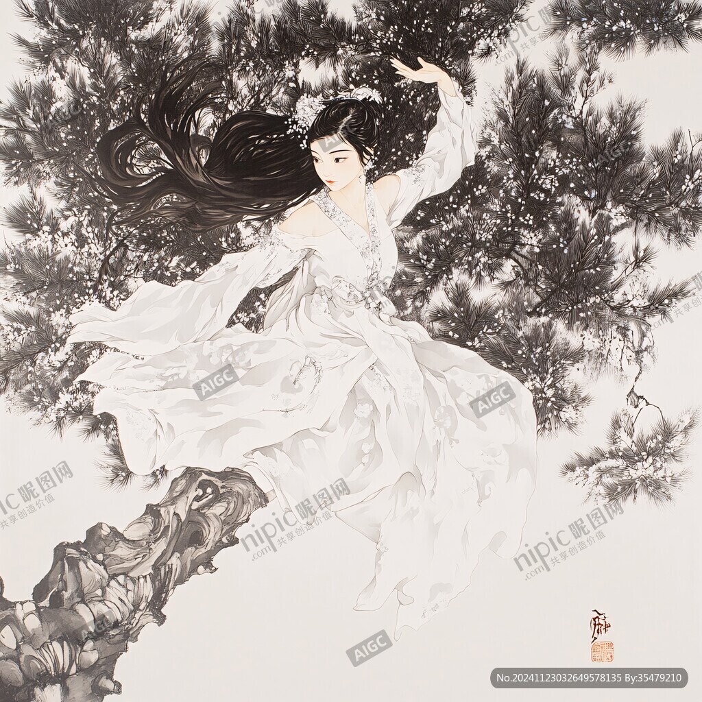 工笔高清美人松