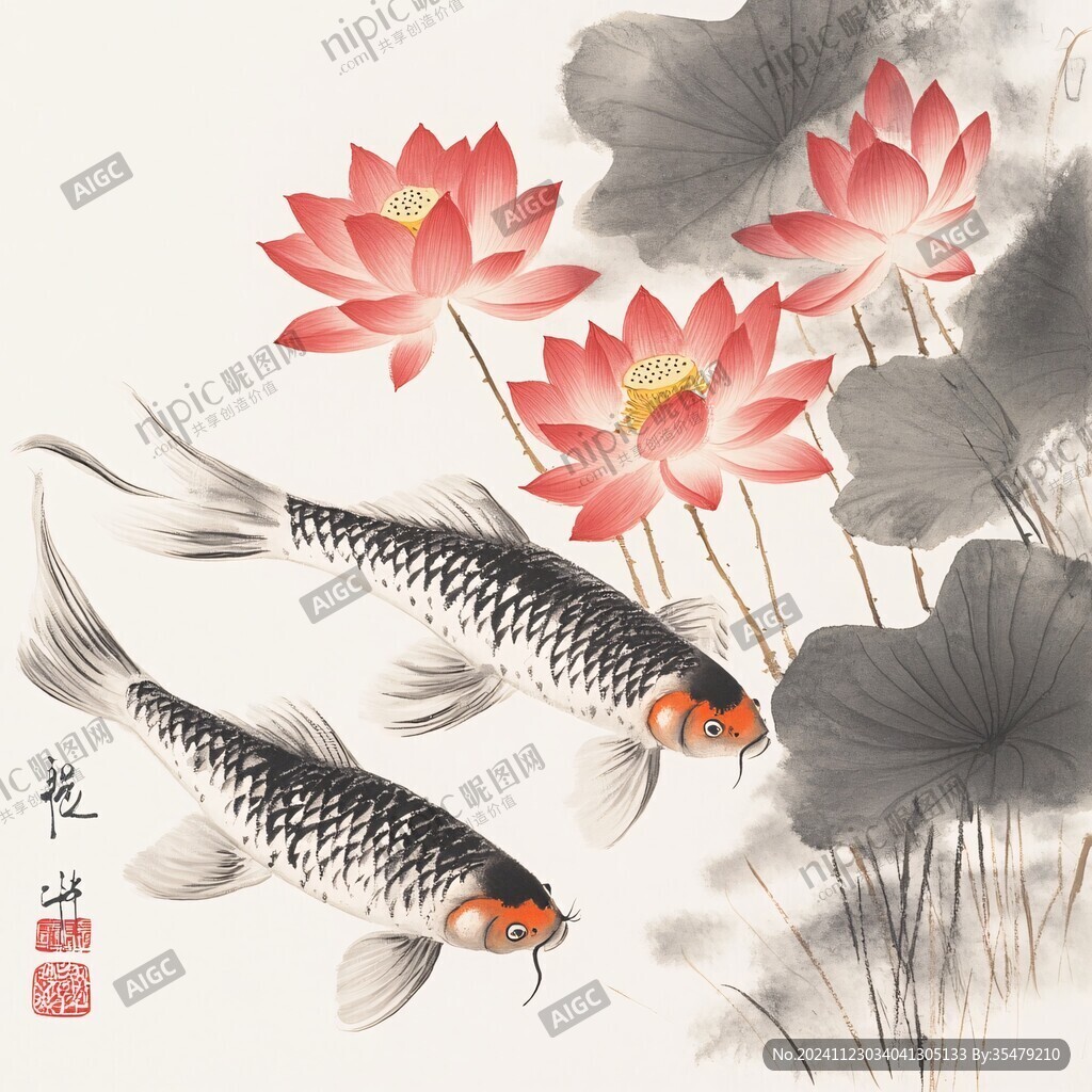 仿古荷花鲤鱼图