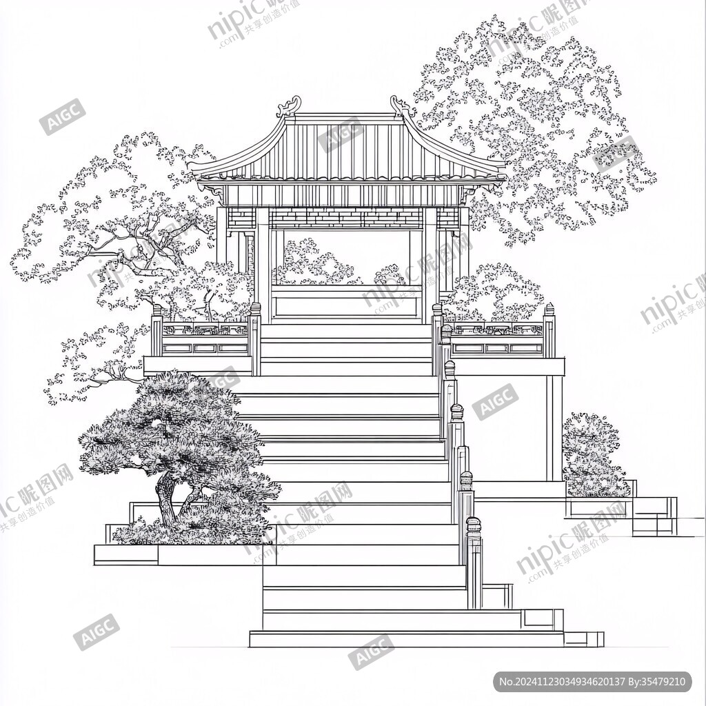 亭台楼阁线描