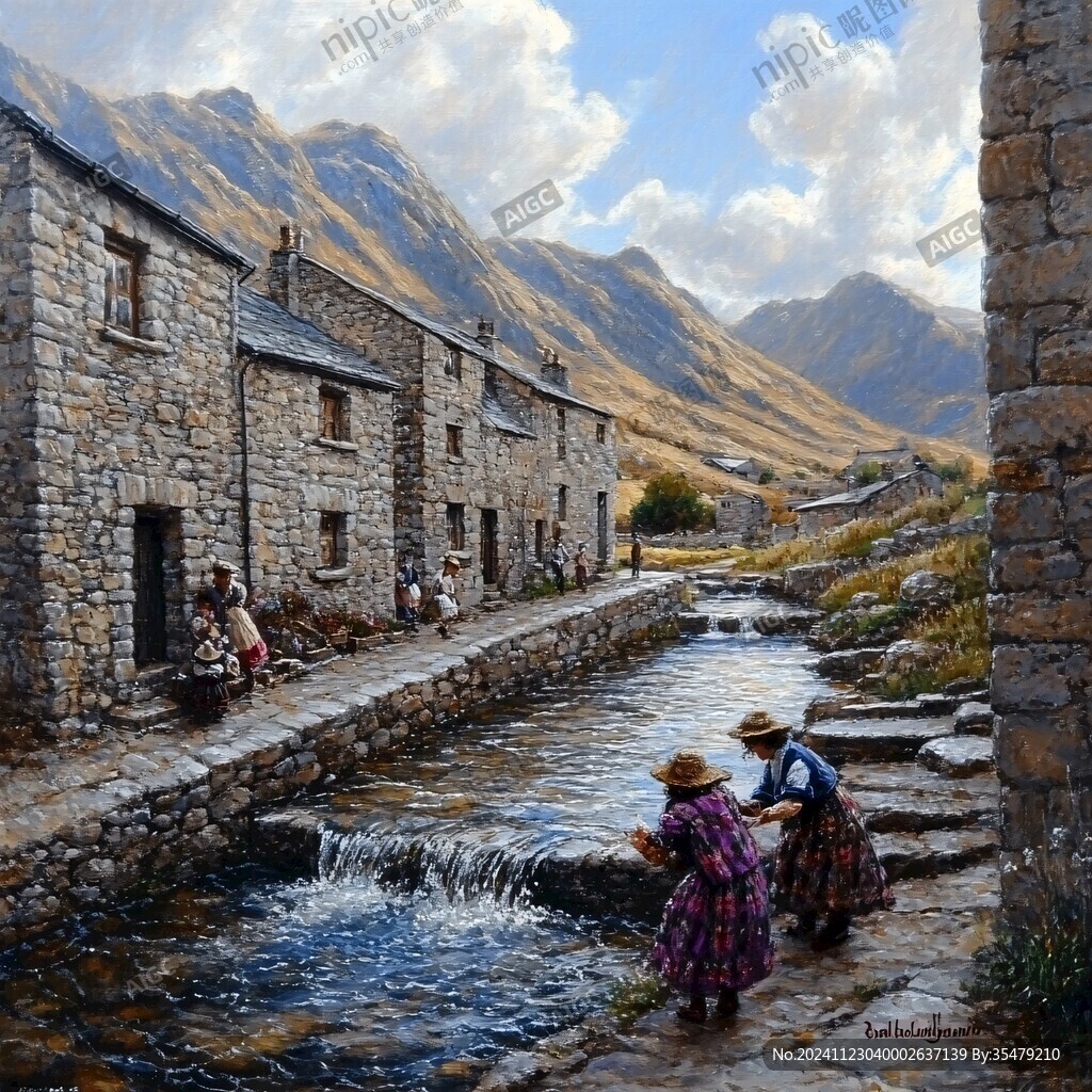 古朴村落油画