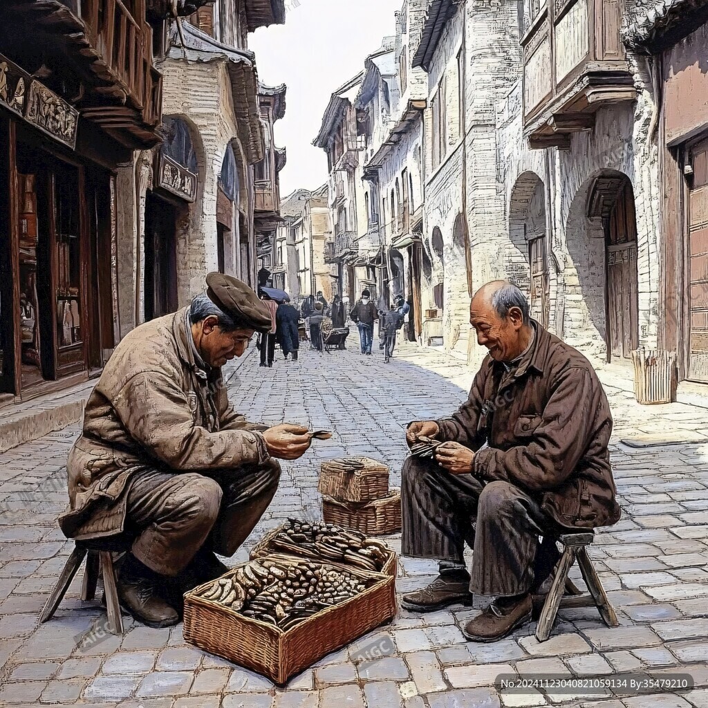 古代街景下棋