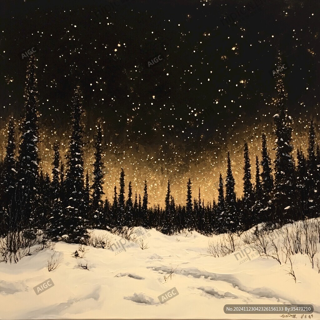 手绘雪夜风景无框画