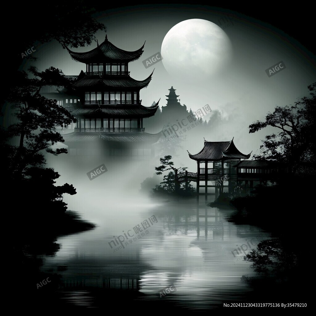 亭台楼阁意境插画