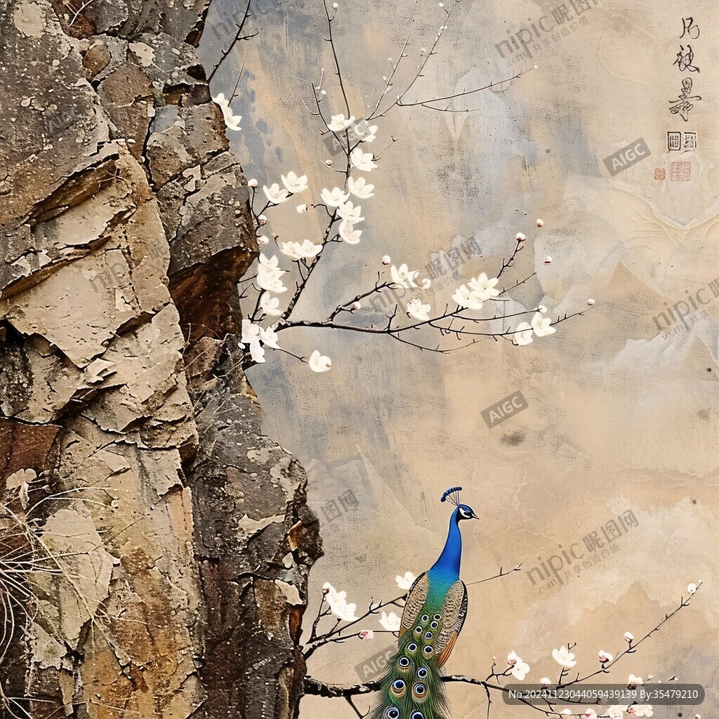 梅花花鸟背景墙蓝鹊