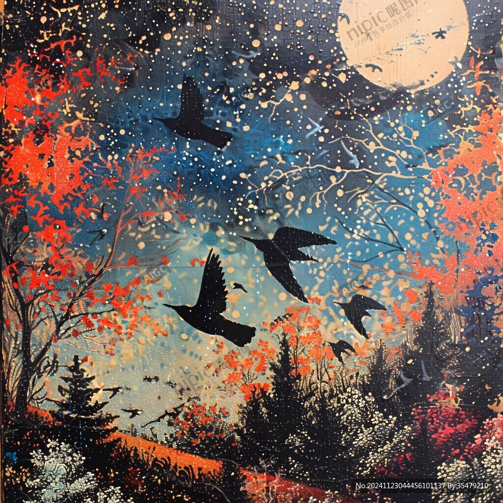 手绘雪夜风景无框画