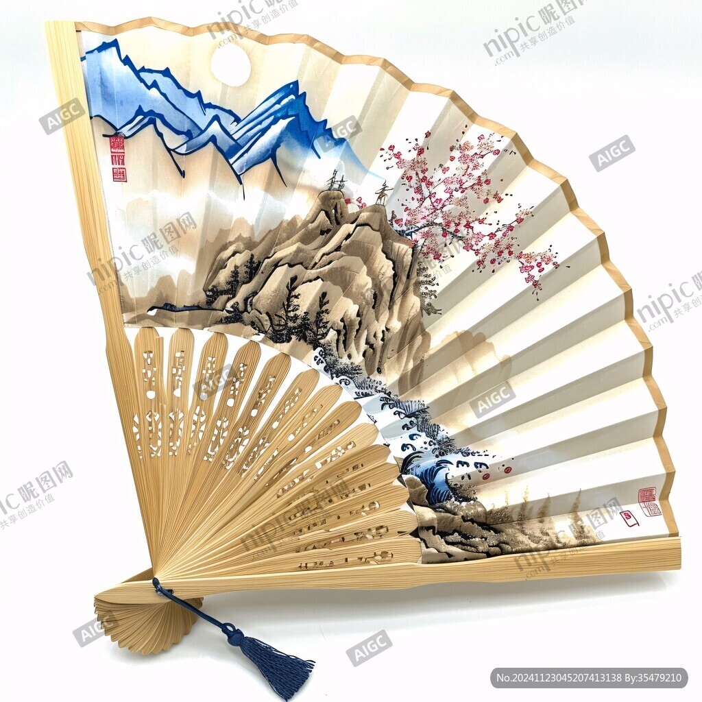 折扇仙鹤海浪