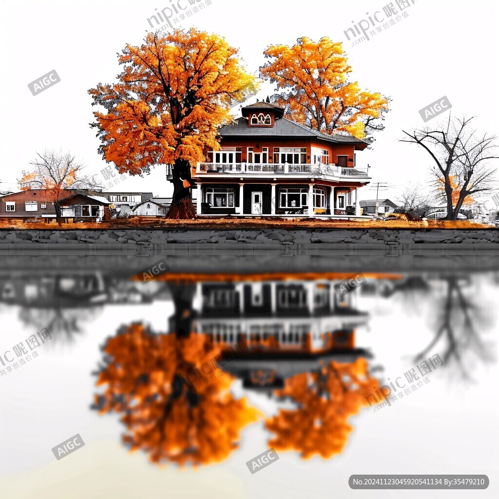 水倒影树木建筑