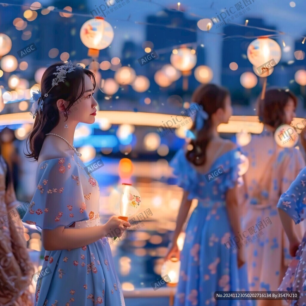 花灯下的美女