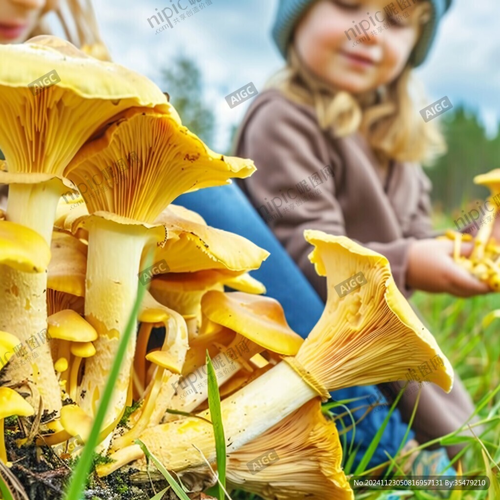 牛肝菌采蘑菇的小女孩