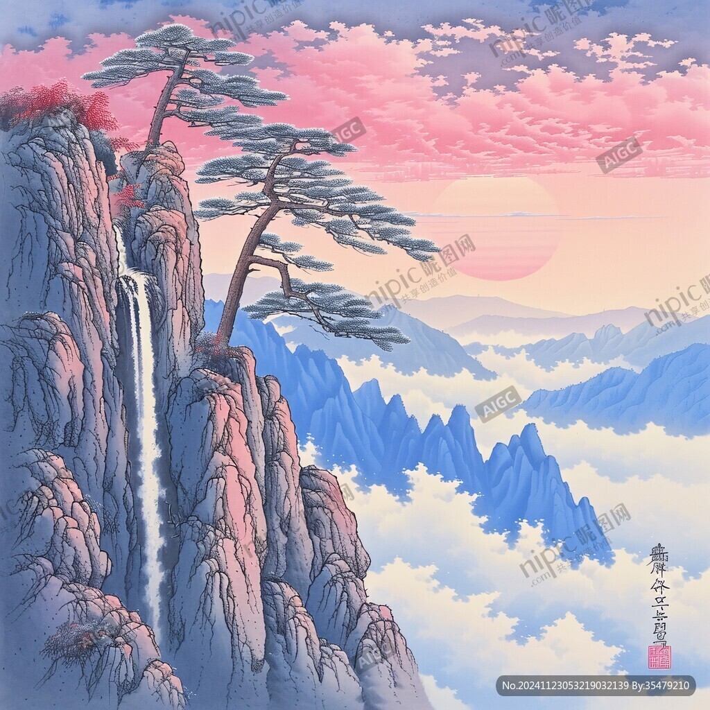 旭日东升迎客松