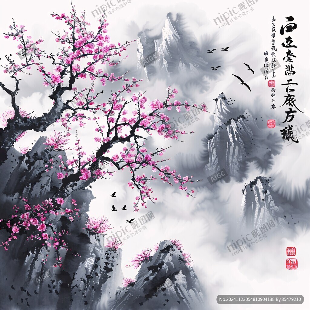 桃花水墨山水画