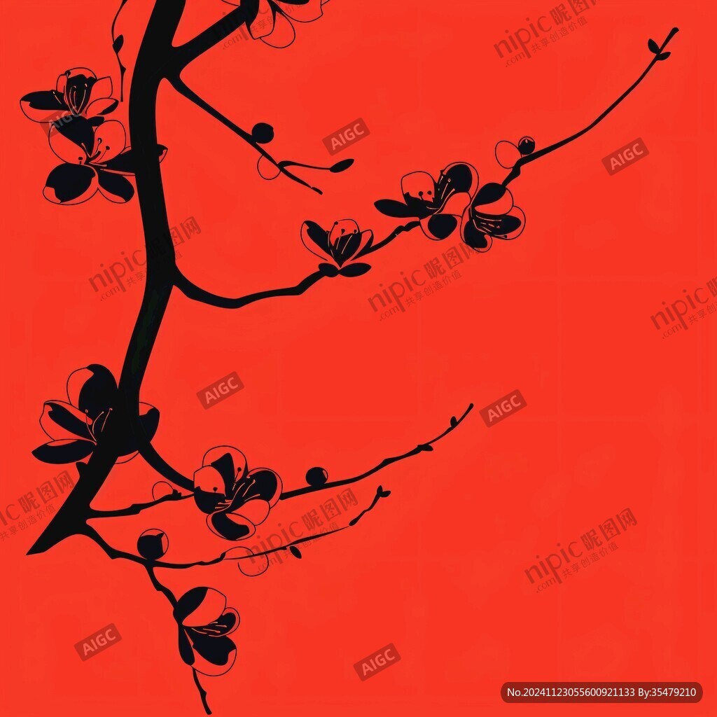 手绘红底梅花