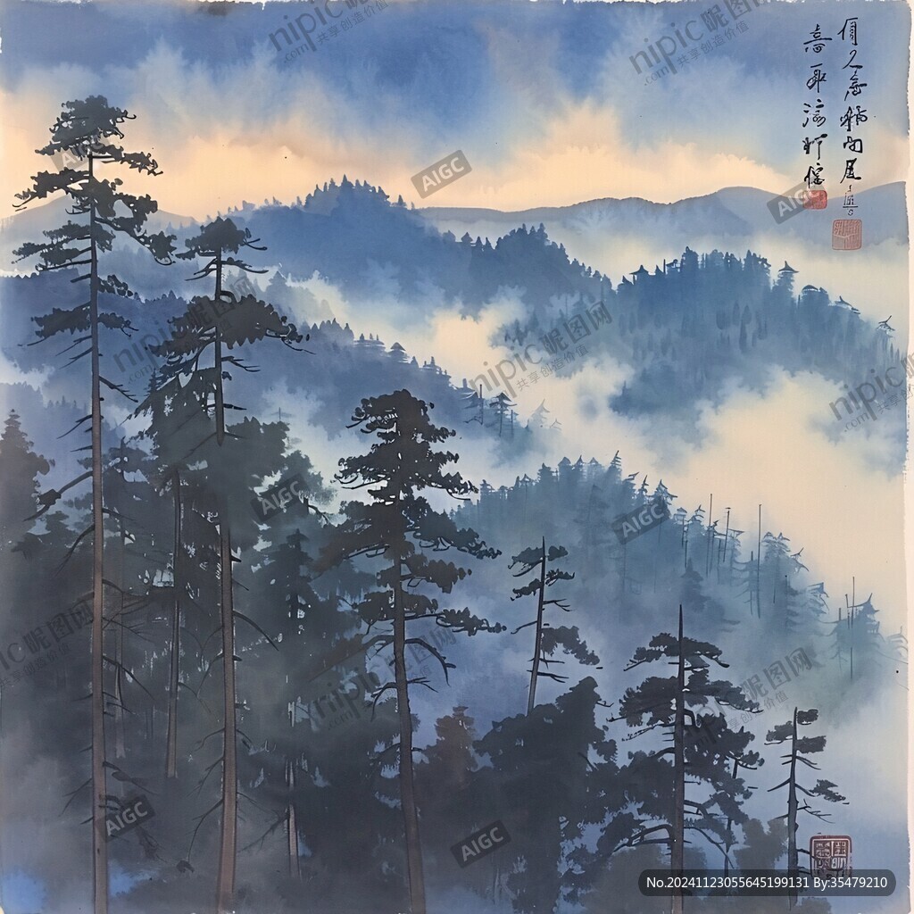四联山水彩画