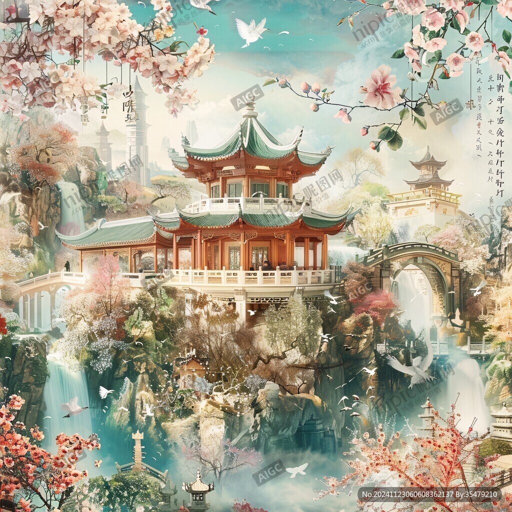楼阁古风仙鹿仙景