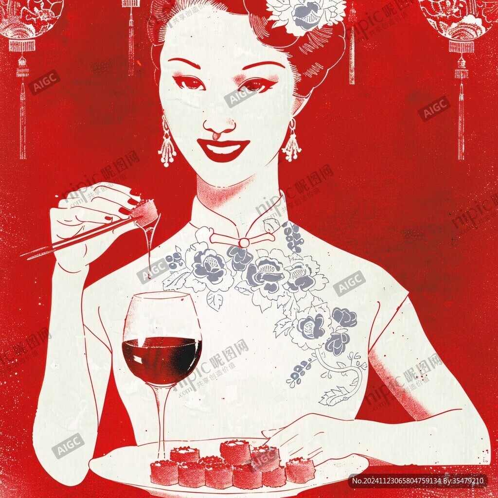 喝红酒的旗袍美女