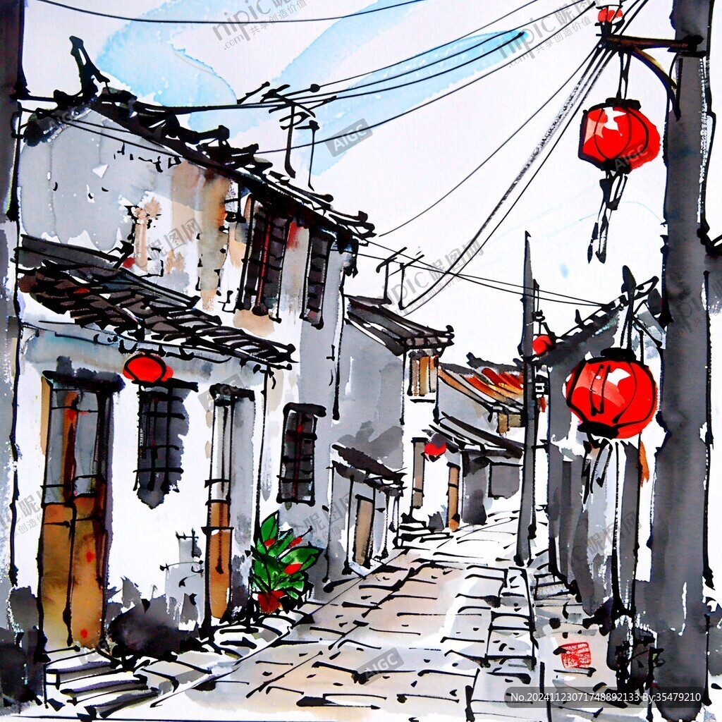水粉画古街巷