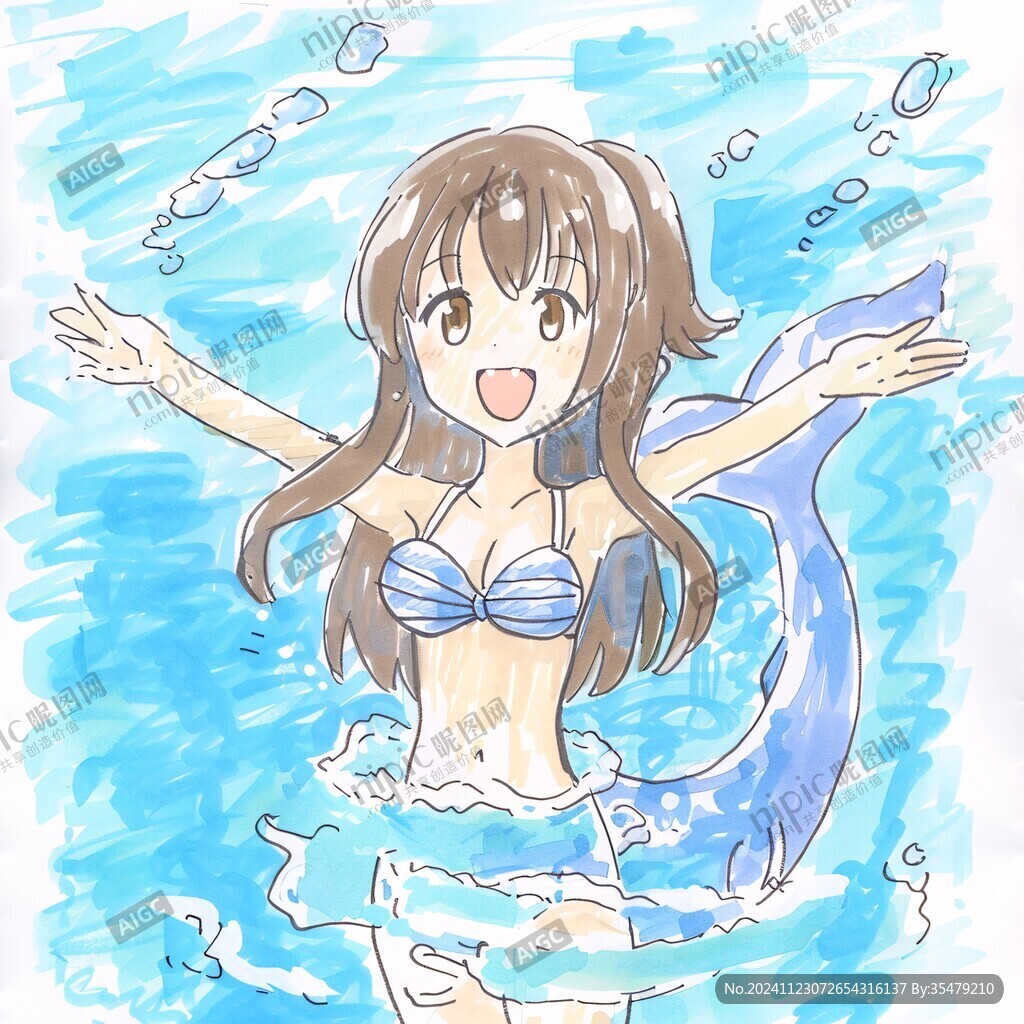 手绘在水里的漫画女孩