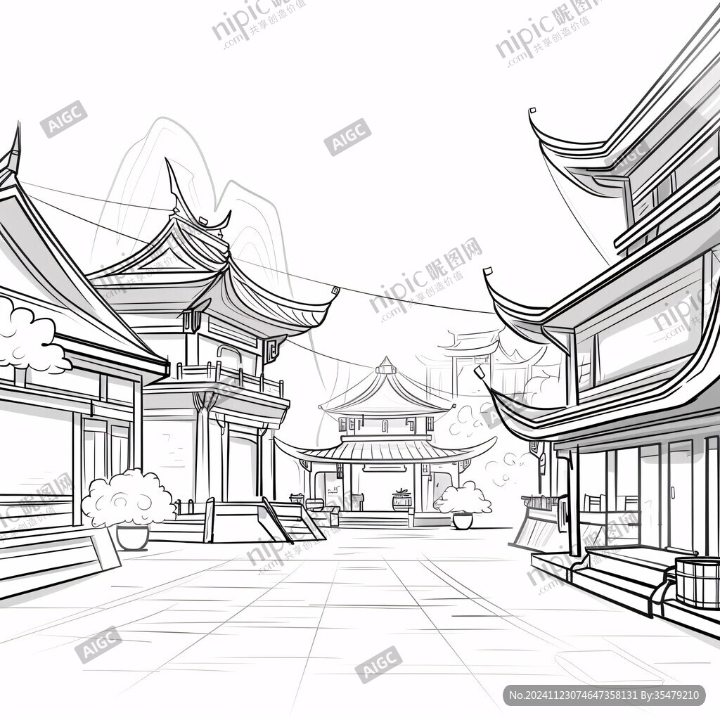 横店旅游线描建筑插画