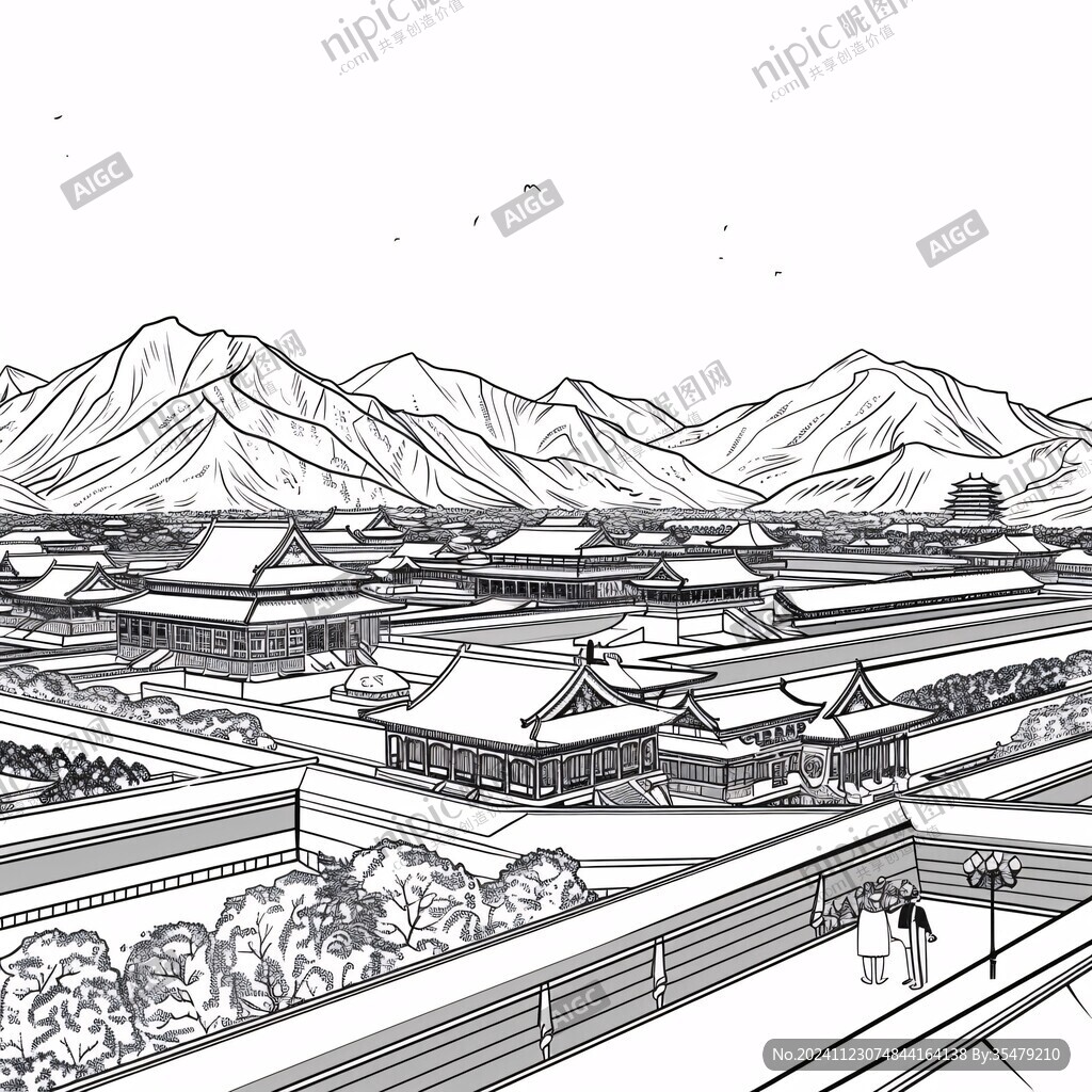 横店旅游线描建筑插画