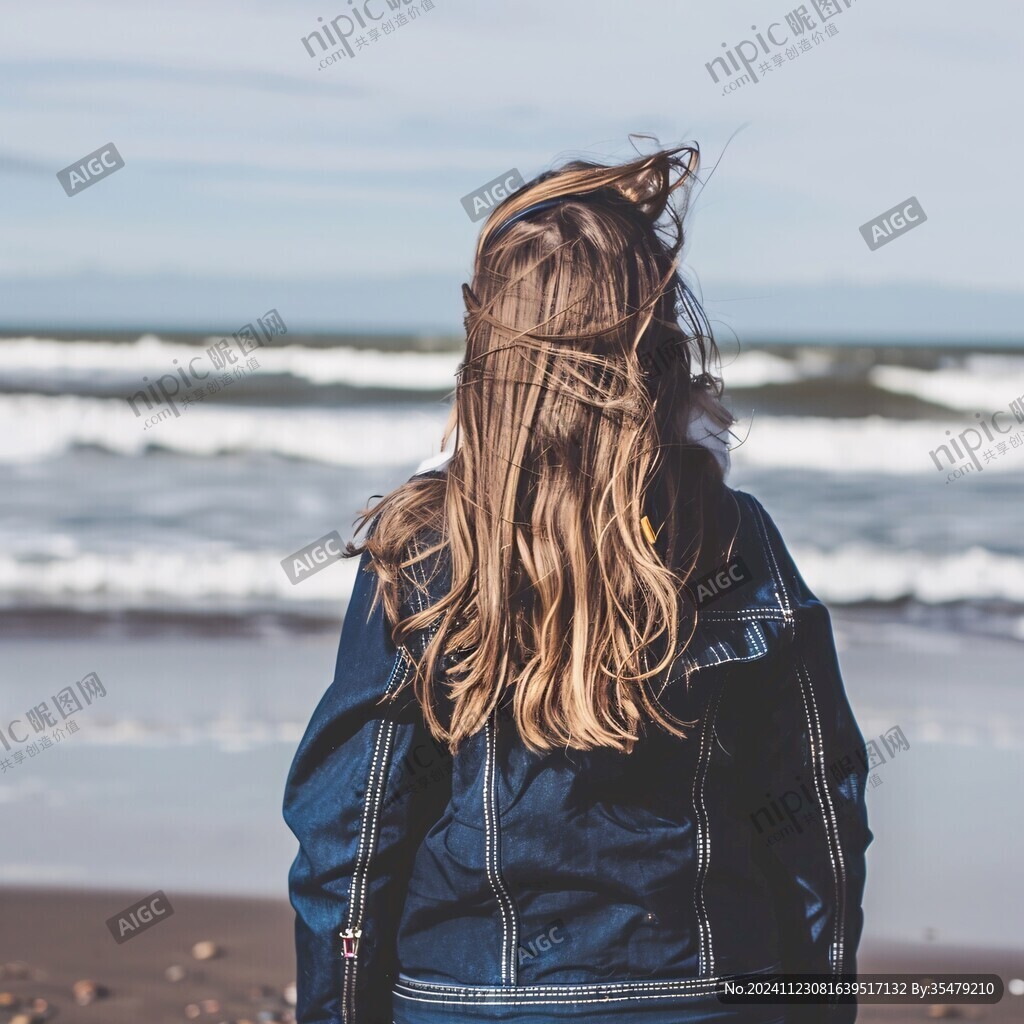 海边背包女孩背影
