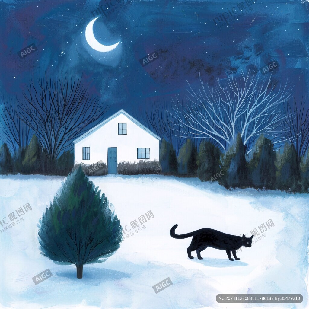 夜晚猫咪插画