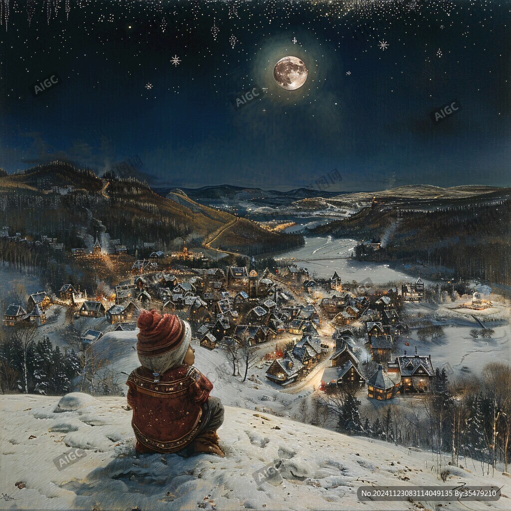 手绘雪夜风景无框画