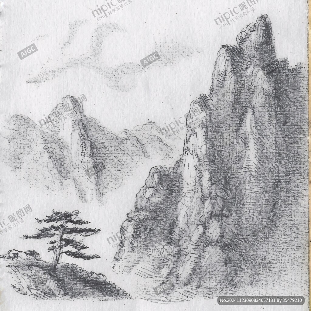 铅笔素描水墨山水