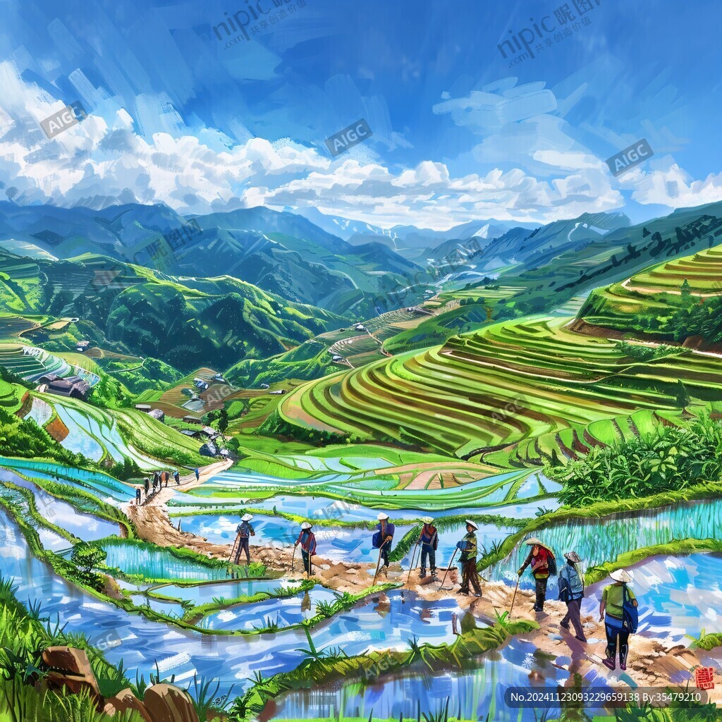 水稻梯田插画