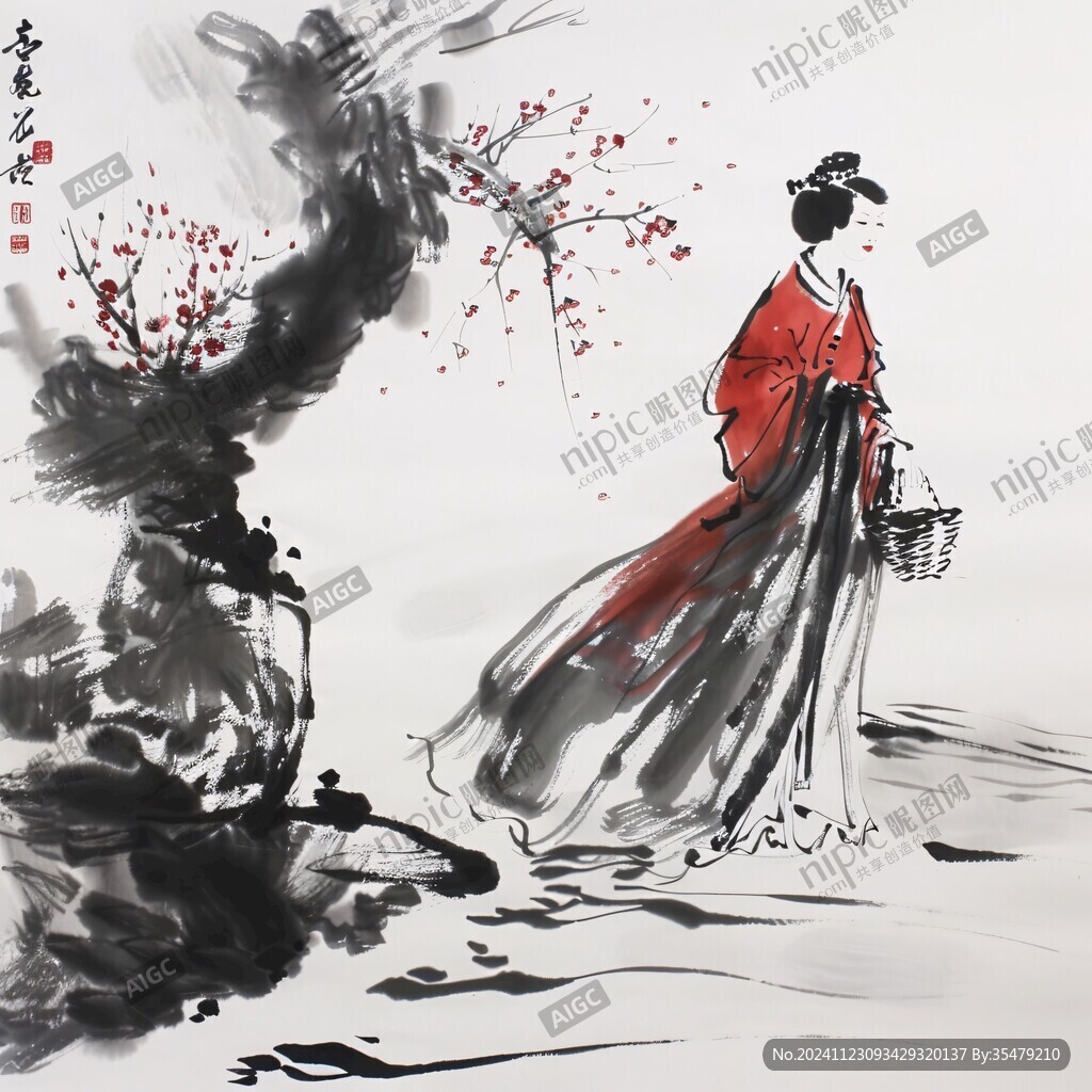 美女红梅图