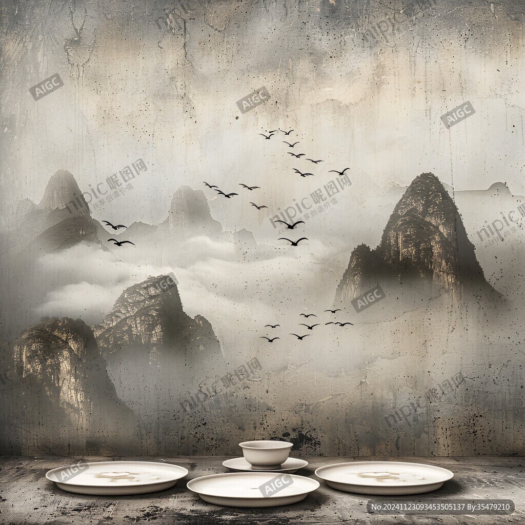 金色水墨群山背景墙