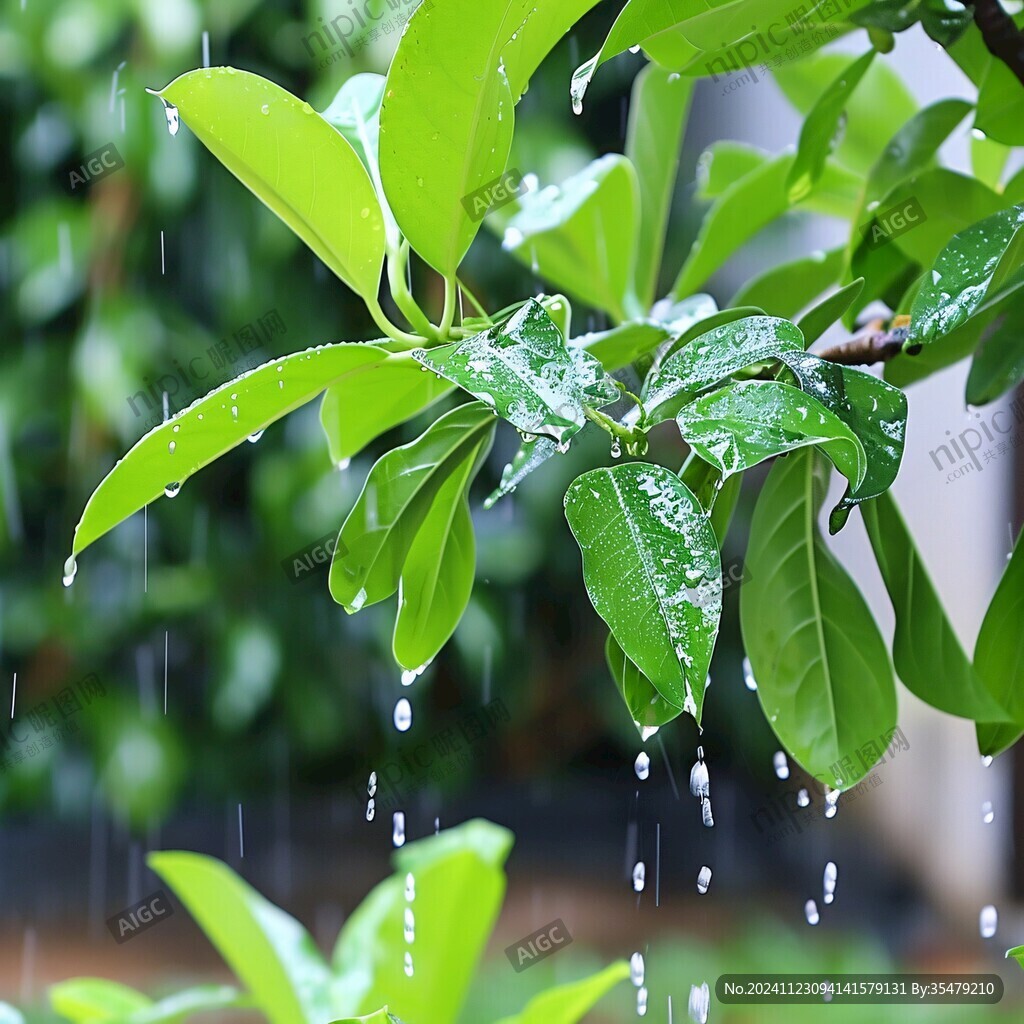 一串雨珠一片叶