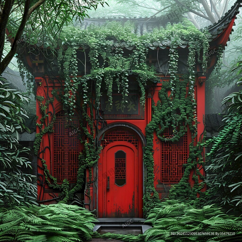 古建红墙瓦当竹林