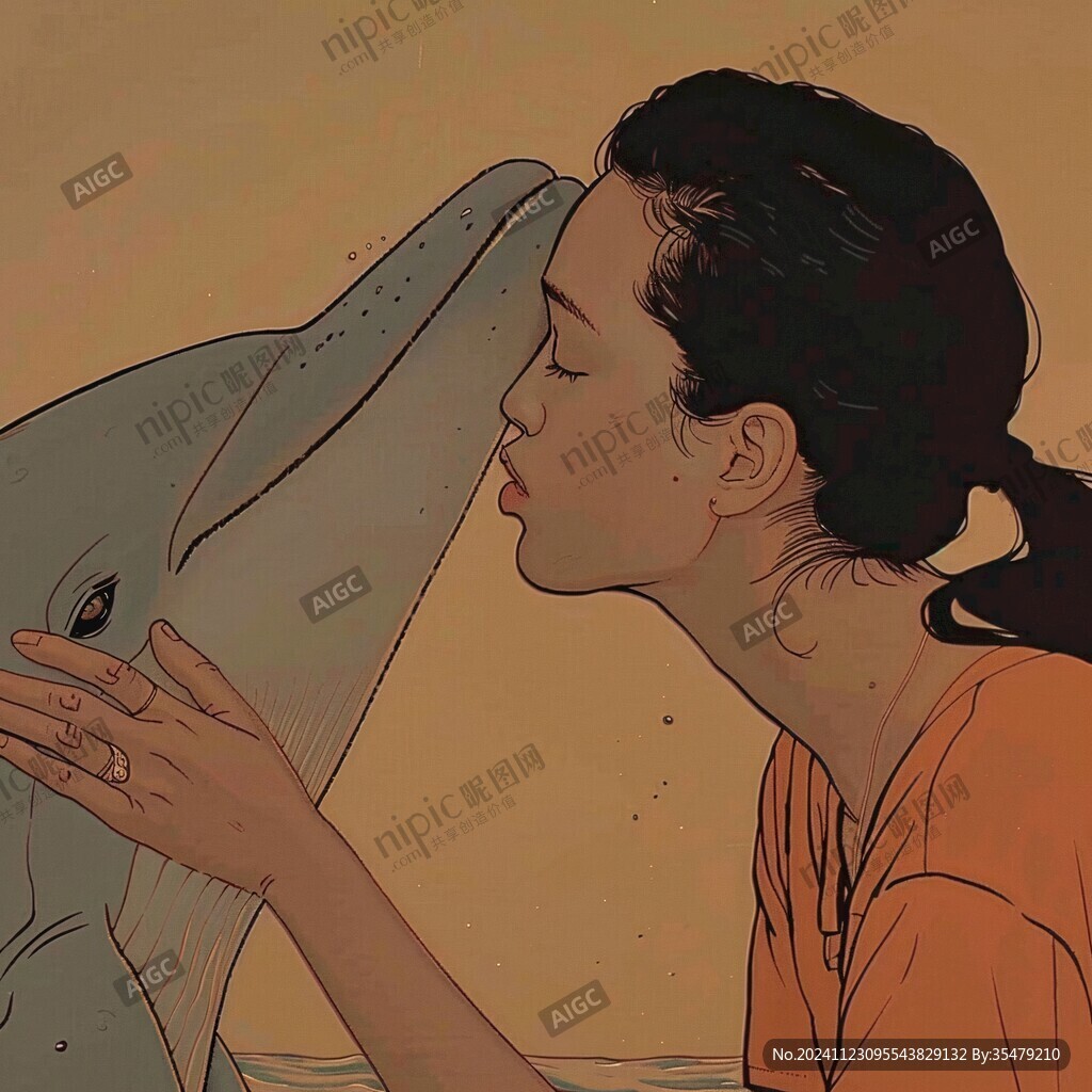 唯美插画图女孩与海豚