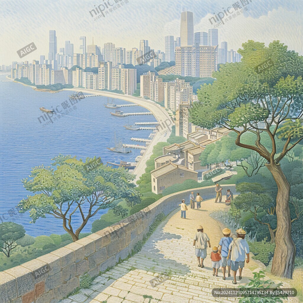 维多利亚港手绘插画