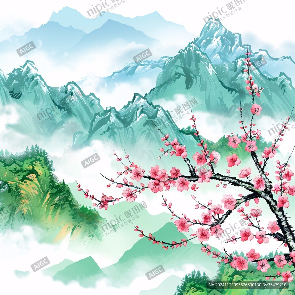 桃花水墨山水画