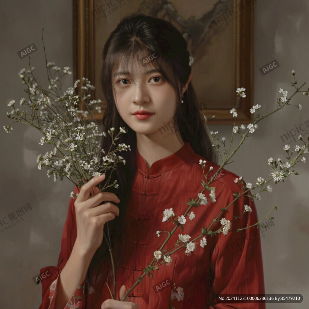 红毛衣的古典少女