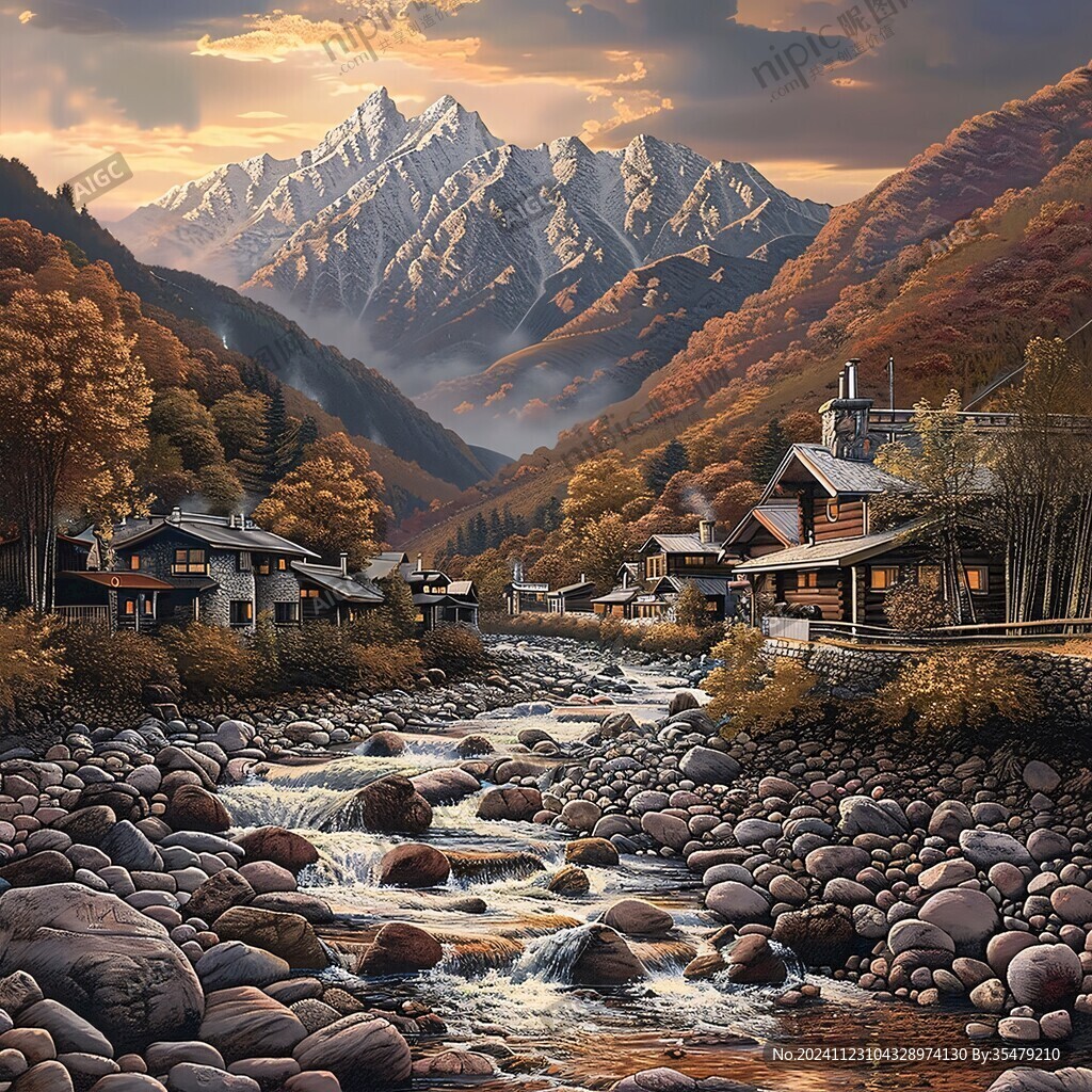 溪流风景油画