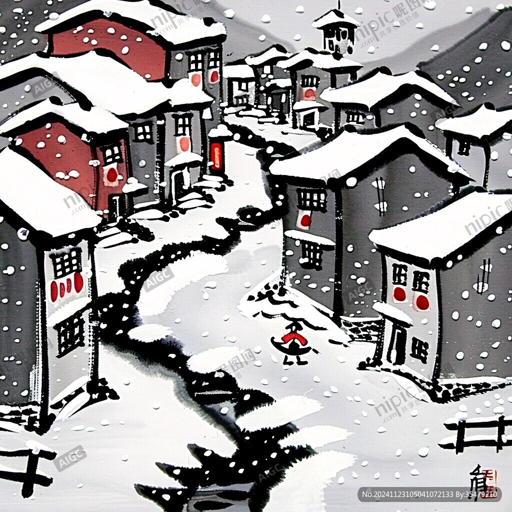 手绘山村雪景图